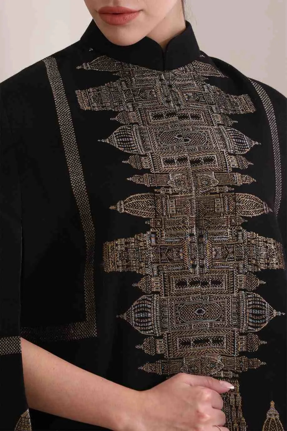 Taj Cashmere Fine Wool Silk with Zari Embroidered Cape | SHOBITAM