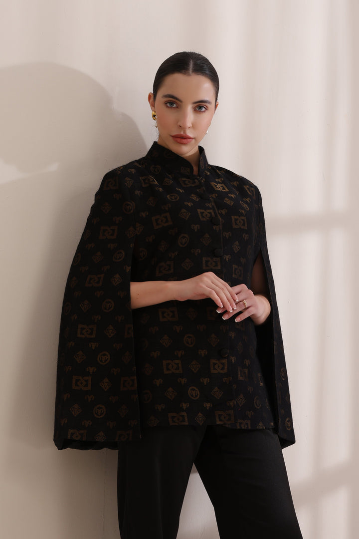 The Dusala Cashmere Fine Wool Silk With Zari Cape Jacket in Black Gold | Made To Order