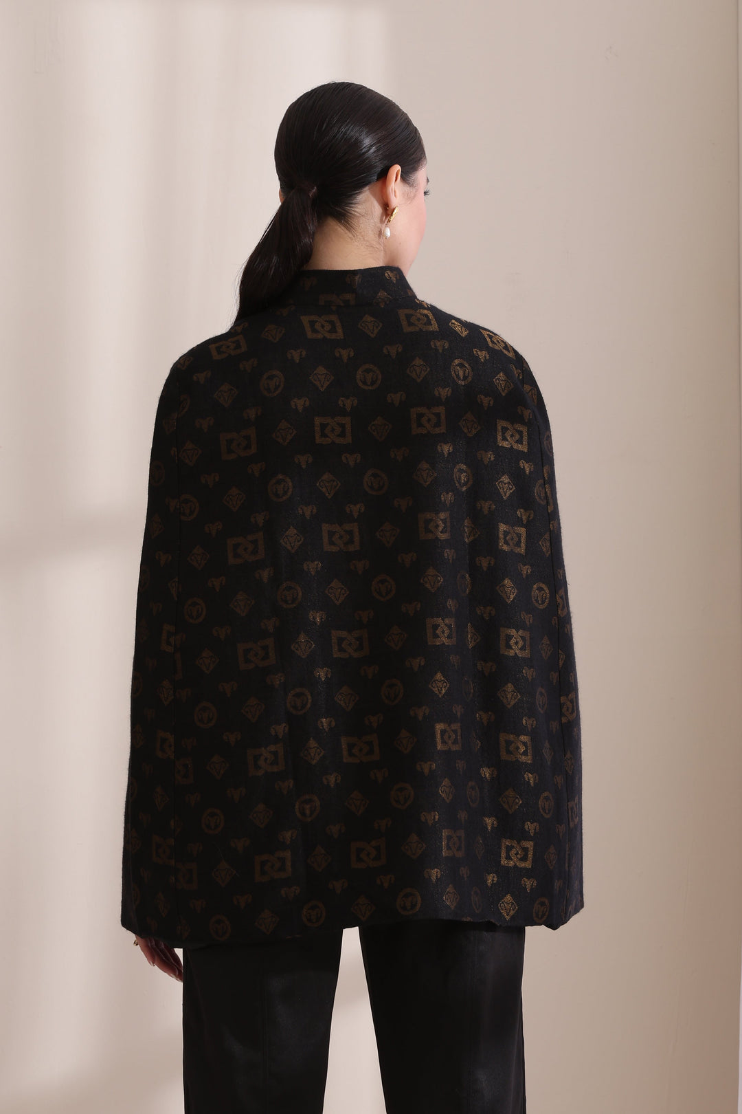 The Dusala Cashmere Fine Wool Silk With Zari Cape Jacket in Black Gold | Made To Order