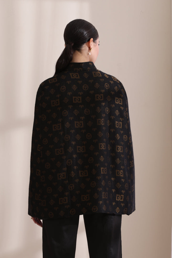 The Dusala Cashmere Fine Wool Silk With Zari Cape Jacket in Black Gold | Made To Order
