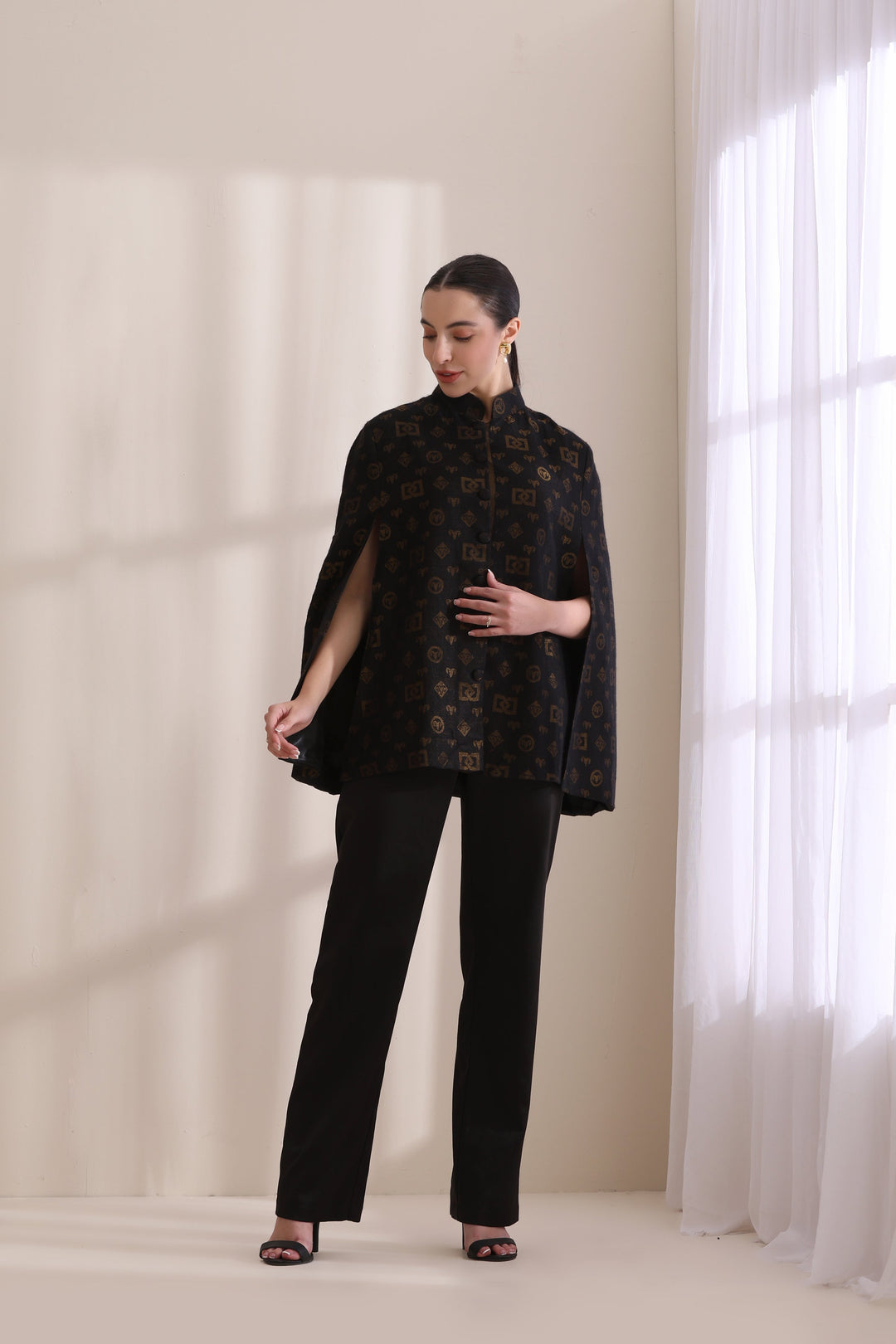 The Dusala Cashmere Fine Wool Silk With Zari Cape Jacket in Black Gold | Made To Order