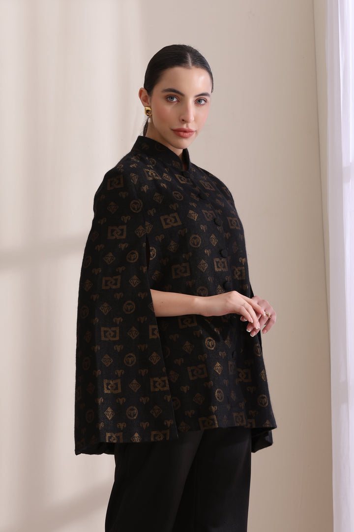 The Dusala Cashmere Fine Wool Silk With Zari Cape Jacket in Black Gold | Made To Order