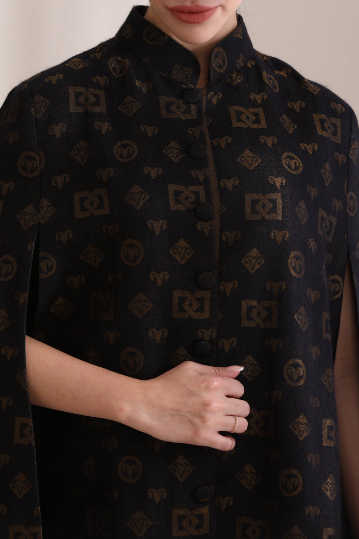The Dusala Cashmere Fine Wool Silk With Zari Cape Jacket in Black Gold | Made To Order