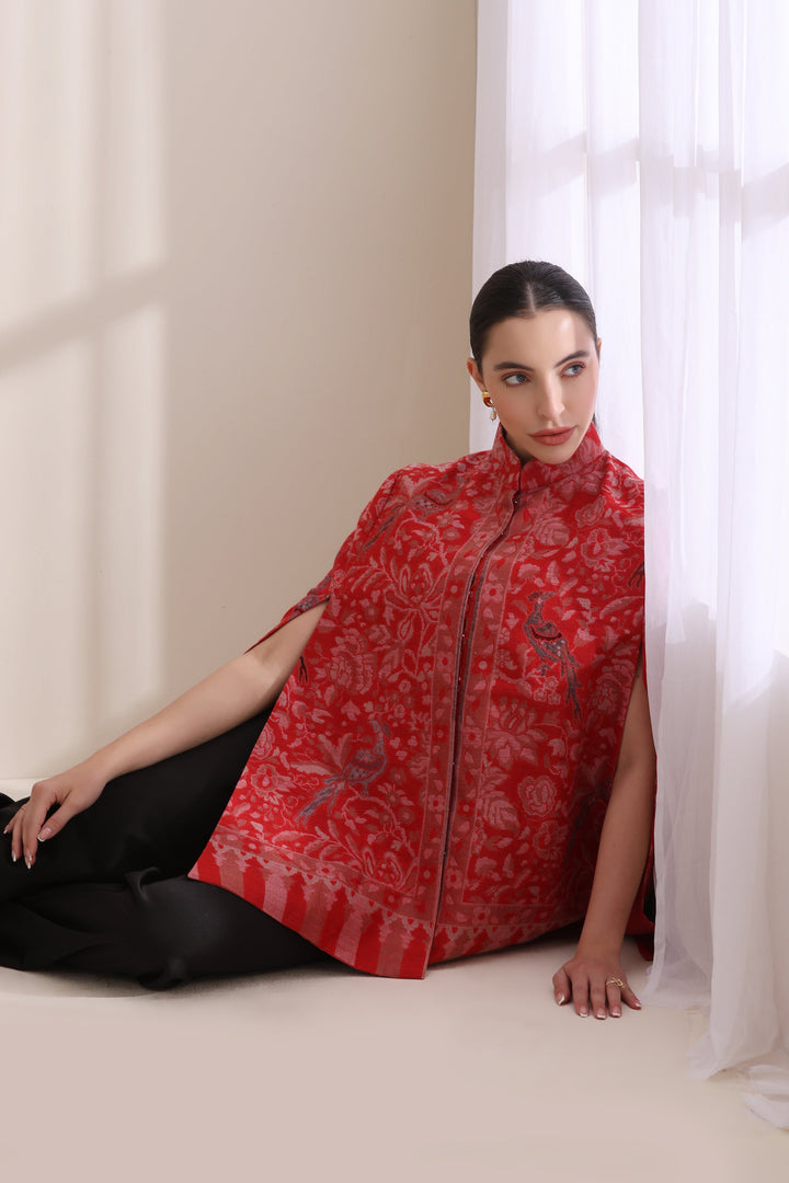 Red Mithudi woven kani cape Jacket—pure luxury in Cashmere Fine Wool. | Made To Order