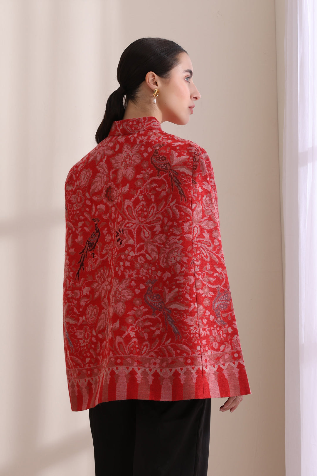 Red Mithudi woven kani cape Jacket—pure luxury in Cashmere Fine Wool. | Made To Order