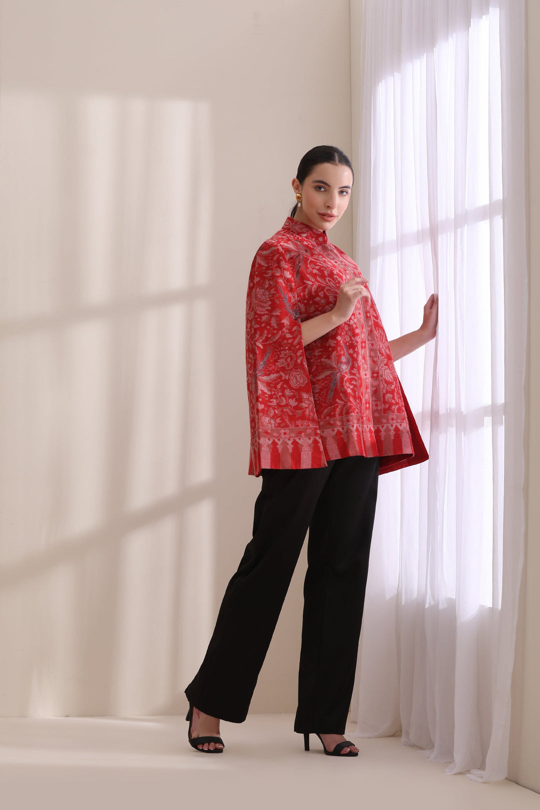 Red Mithudi woven kani cape Jacket—pure luxury in Cashmere Fine Wool. | Made To Order