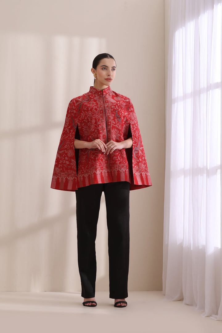 Red Mithudi woven kani cape Jacket—pure luxury in Cashmere Fine Wool. | Made To Order