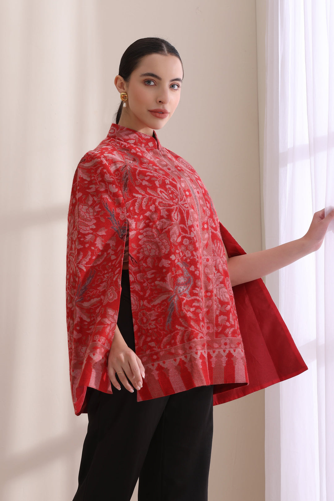 Red Mithudi woven kani cape Jacket—pure luxury in Cashmere Fine Wool. | Made To Order