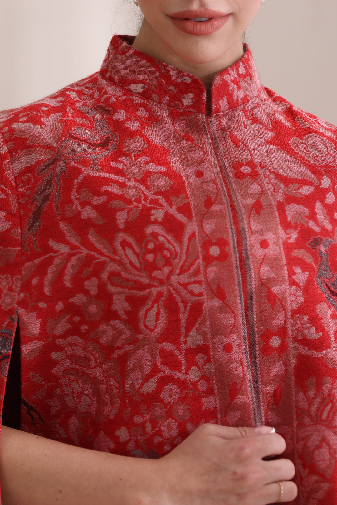 Red Mithudi woven kani cape Jacket—pure luxury in Cashmere Fine Wool. | Made To Order