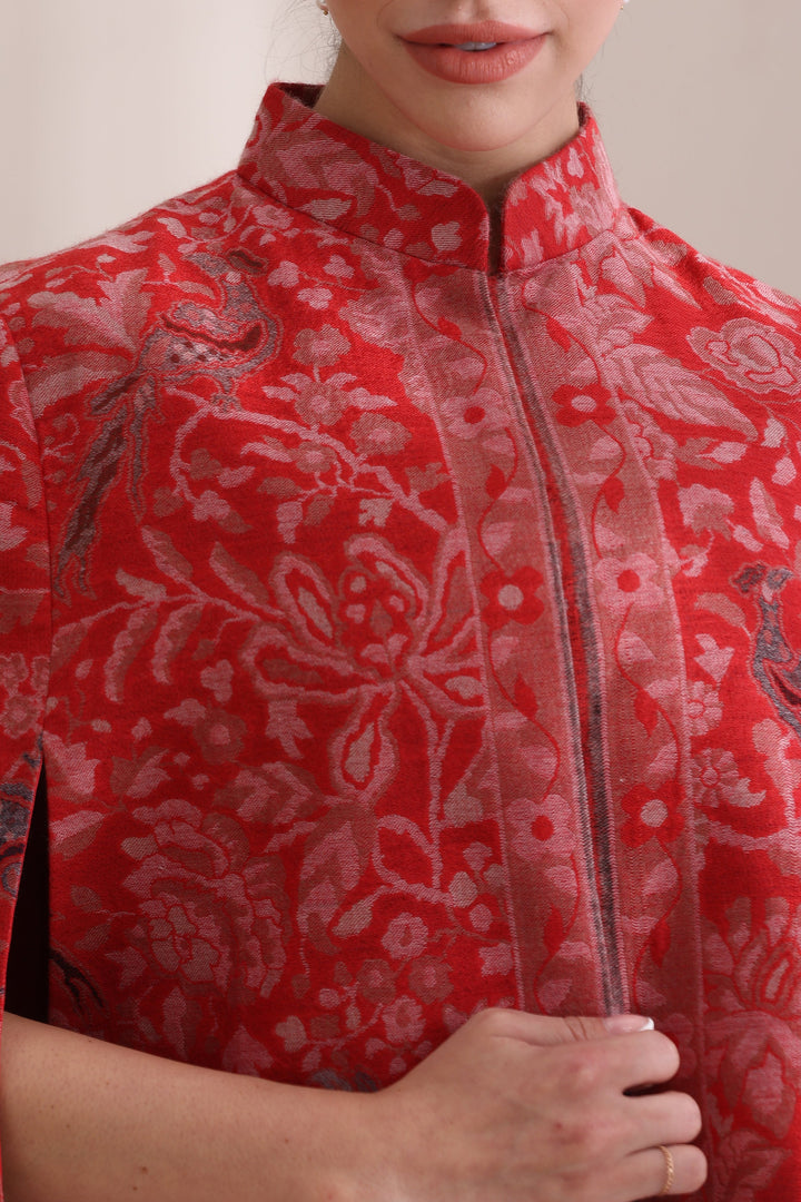 Red Mithudi woven kani cape Jacket—pure luxury in Cashmere Fine Wool. | Made To Order