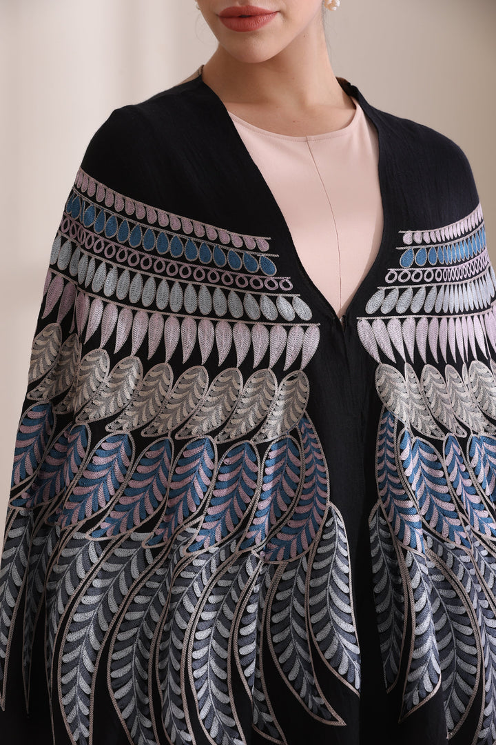 Birdie Feather embroidered cape, Cashmere Fine Wool in Black Blue