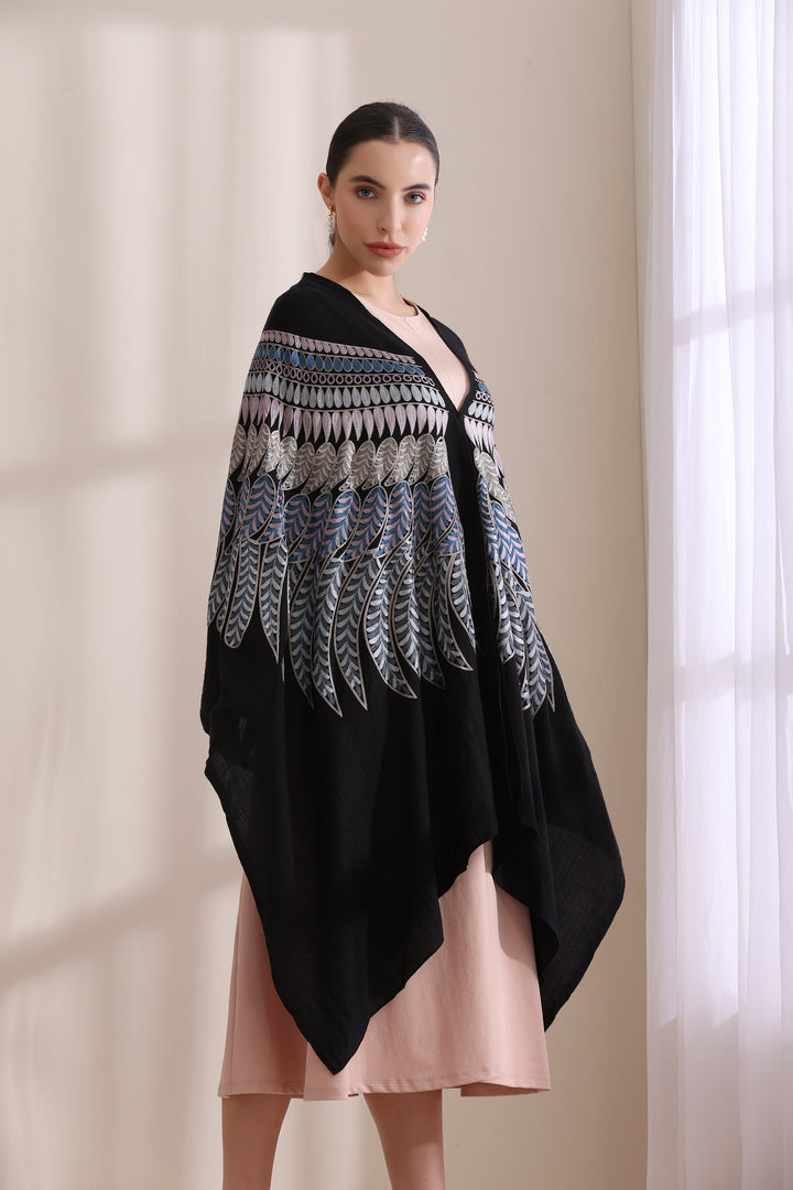 Birdie Feather embroidered cape, Cashmere Fine Wool in Black Blue