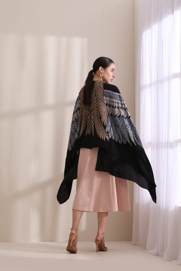 Birdie Feather embroidered cape, Cashmere Fine Wool in Black Blue