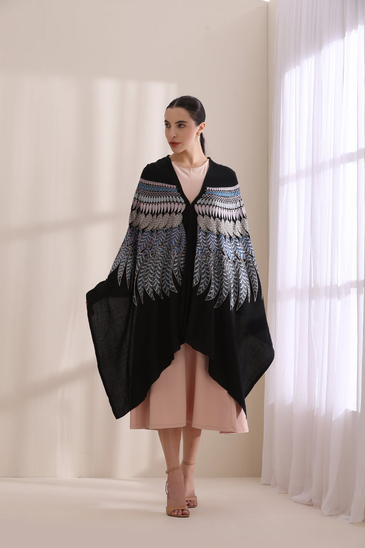 Birdie Feather embroidered cape, Cashmere Fine Wool in Black Blue
