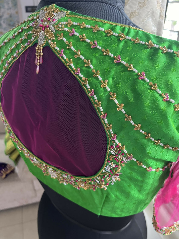 Premium Emerald Green Jacquard Raw Silk Crop Top | SHOBITAM