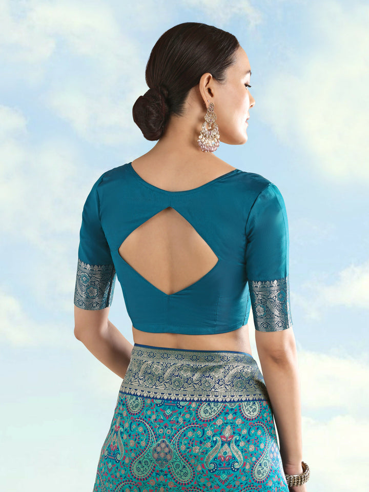 Turquoise Banarasi Semi Silk Saree With Traditional Paisley Weaves | SHOBITAM