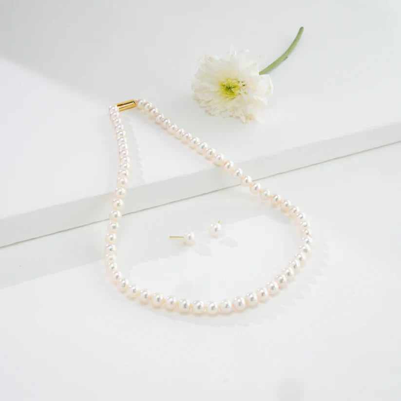7.0-8.0mm White Round Freshwater Pearl Necklace Set - AAA Quality | SHOBITAM