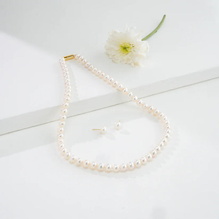 7.0-8.0mm White Round Freshwater Pearl Necklace Set - AAA Quality | SHOBITAM