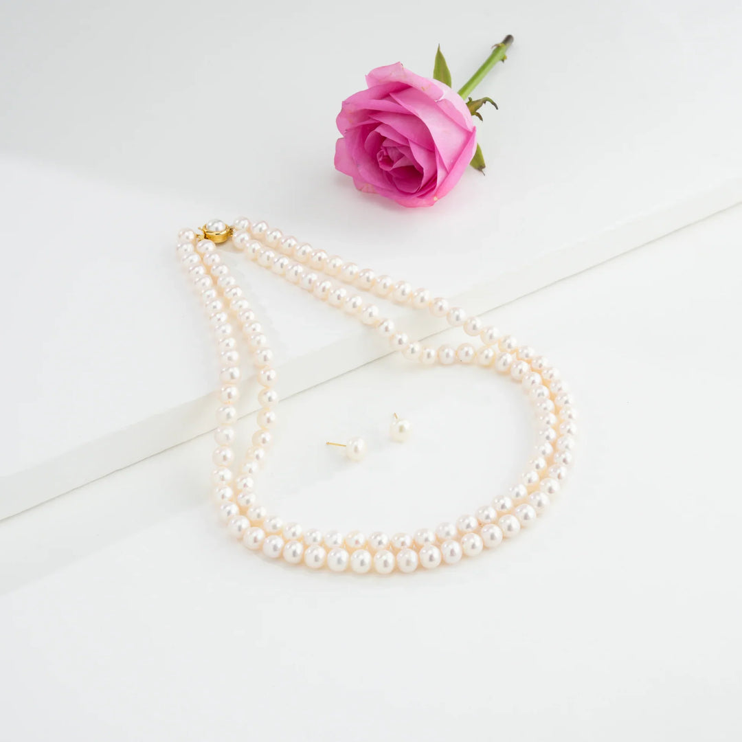 7.0-8.0mm White Round Freshwater Pearl Necklace Set - AAA Quality | SHOBITAM