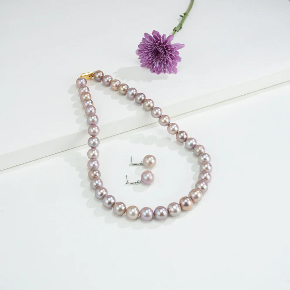 12.0-13.0mm Levender Round Freshwater Pearl Necklace Set -AAA Quality | SHOBITAM