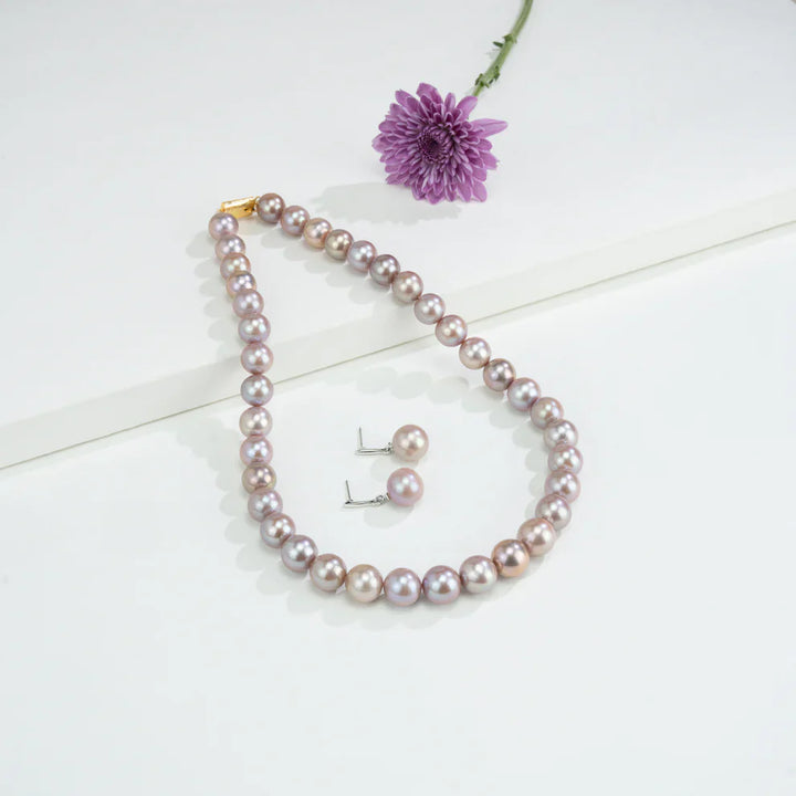 12.0-13.0mm Levender Round Freshwater Pearl Necklace Set -AAA Quality | SHOBITAM