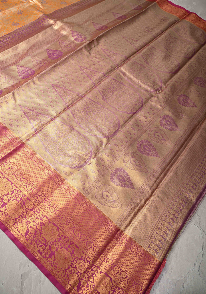 Mustard Kanjivaram Tissue Semi Silk Saree with Meenakari Floral Brocade Jaal and Contrast Zari Border