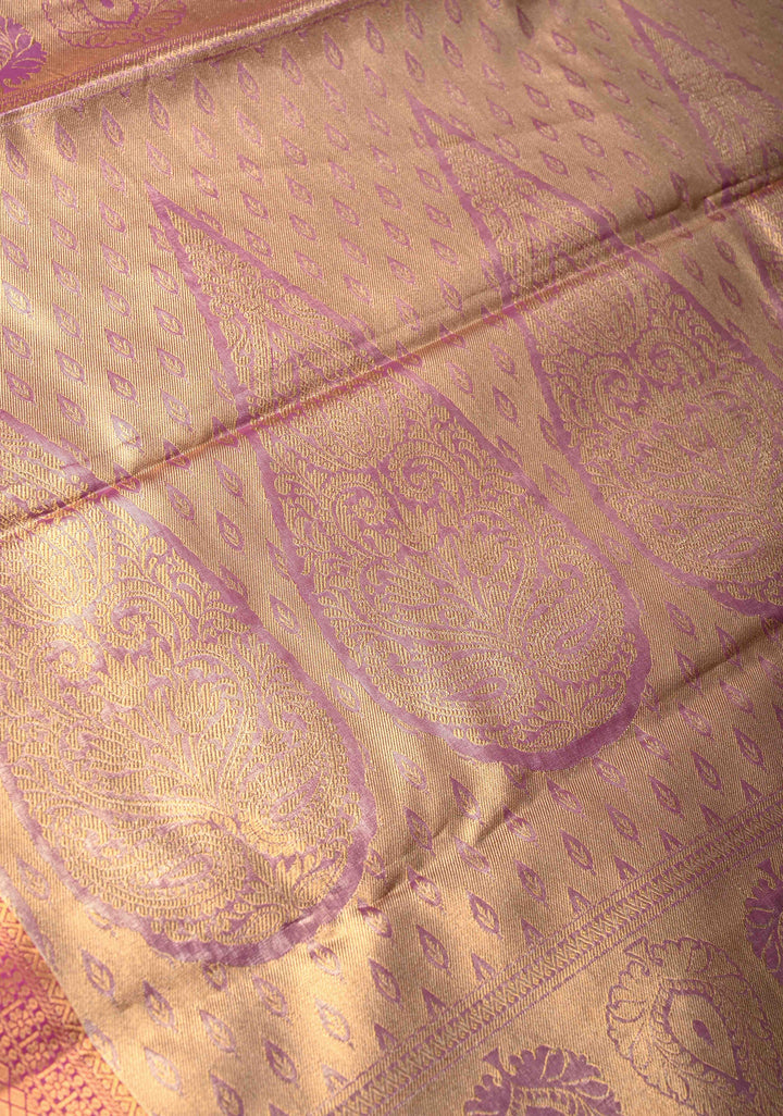 Mustard Kanjivaram Tissue Semi Silk Saree with Meenakari Floral Brocade Jaal and Contrast Zari Border