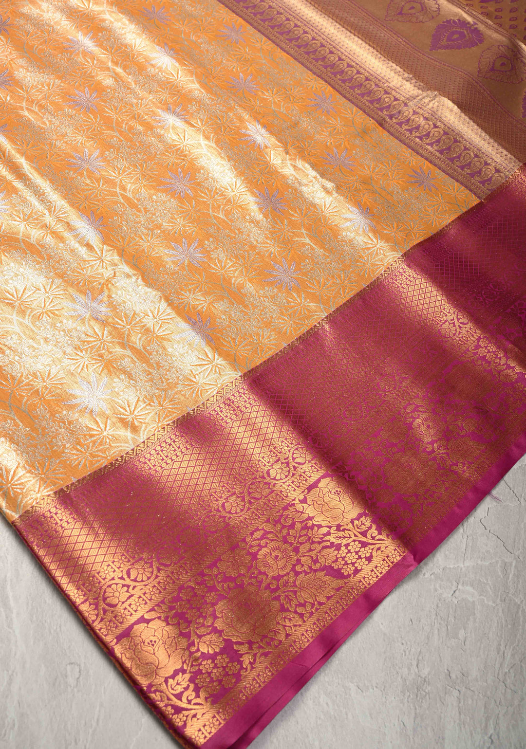 Mustard Kanjivaram Tissue Semi Silk Saree with Meenakari Floral Brocade Jaal and Contrast Zari Border