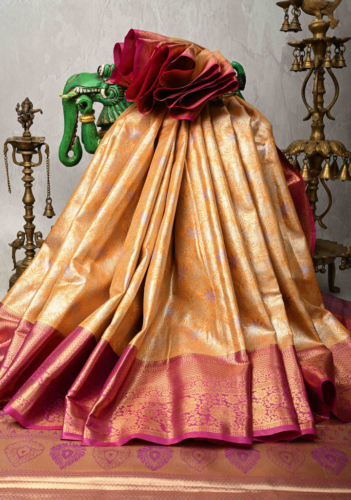 Mustard Kanjivaram Tissue Semi Silk Saree with Meenakari Floral Brocade Jaal and Contrast Zari Border
