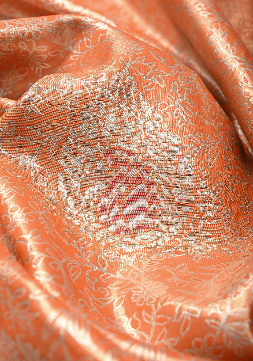 Orange Kanjivaram Tissue Semi Silk Saree with Meenakari Floral Brocade and Zari Border