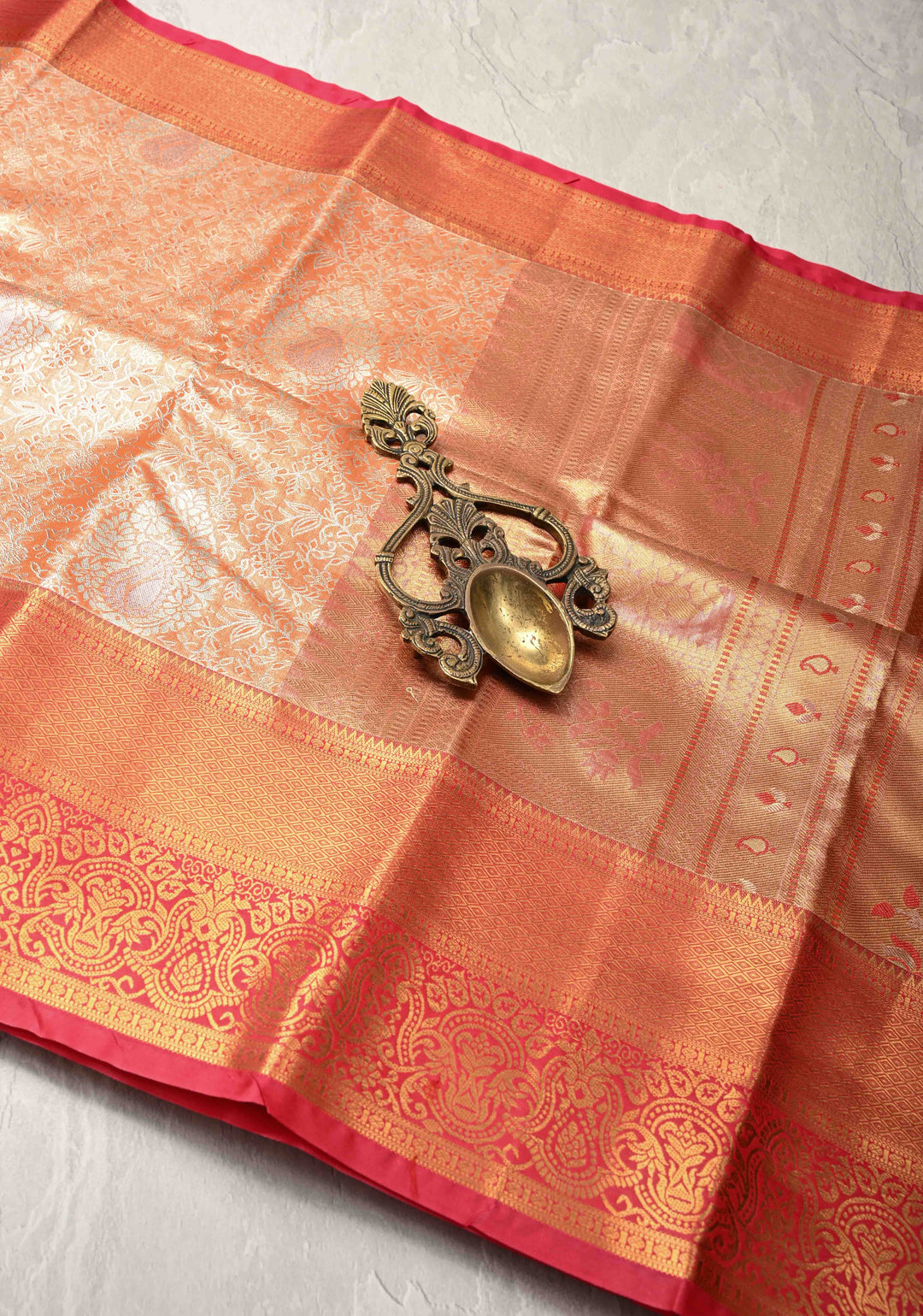 Orange Kanjivaram Tissue Semi Silk Saree with Meenakari Floral Brocade and Zari Border