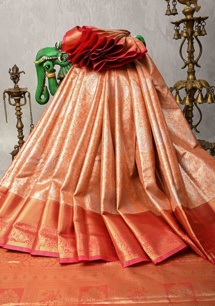 Orange Kanjivaram Tissue Semi Silk Saree with Meenakari Floral Brocade and Zari Border