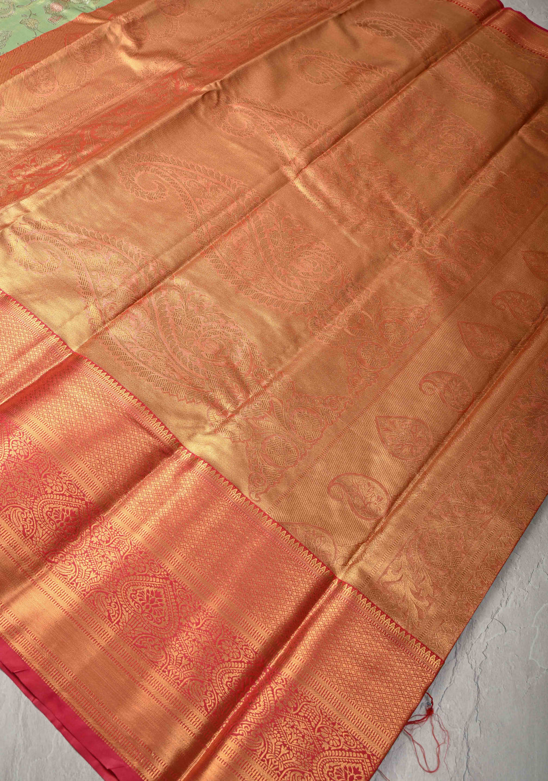 Light Lime  Kanjivaram Tissue Semi Silk Saree with Meenalari Floral  Brocade and Contrast Zari Border