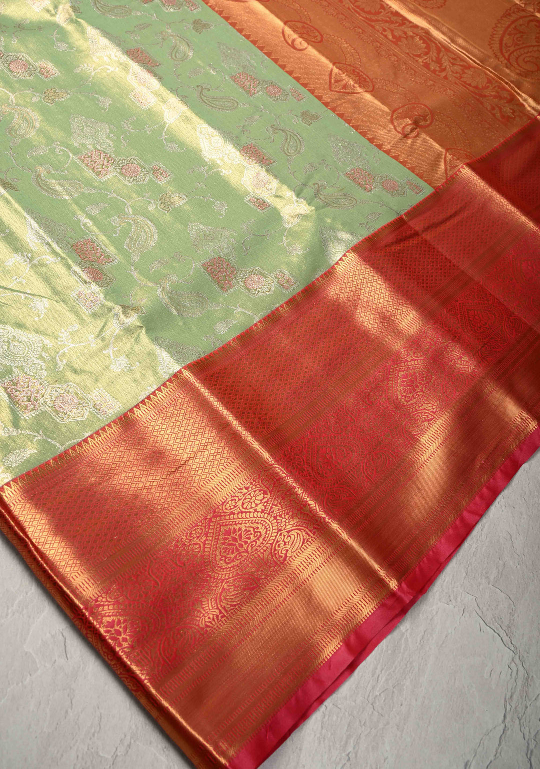 Light Lime  Kanjivaram Tissue Semi Silk Saree with Meenalari Floral  Brocade and Contrast Zari Border