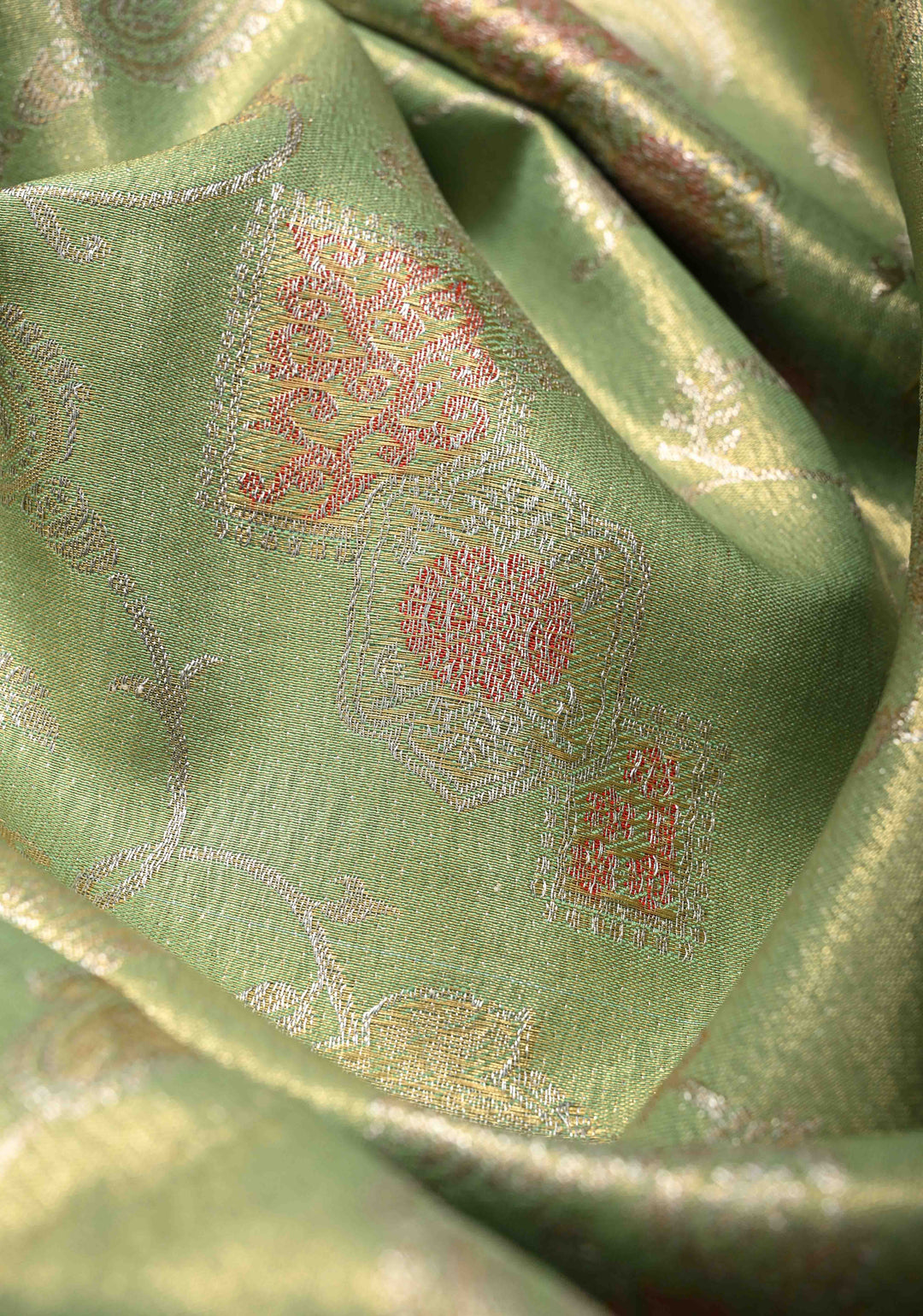 Light Lime  Kanjivaram Tissue Semi Silk Saree with Meenalari Floral  Brocade and Contrast Zari Border