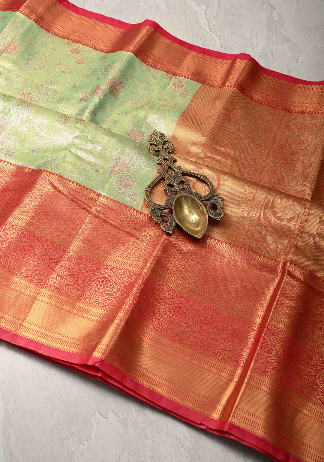 Light Lime  Kanjivaram Tissue Semi Silk Saree with Meenalari Floral  Brocade and Contrast Zari Border