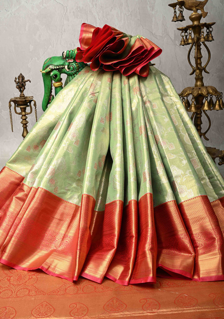 Light Lime  Kanjivaram Tissue Semi Silk Saree with Meenalari Floral  Brocade and Contrast Zari Border