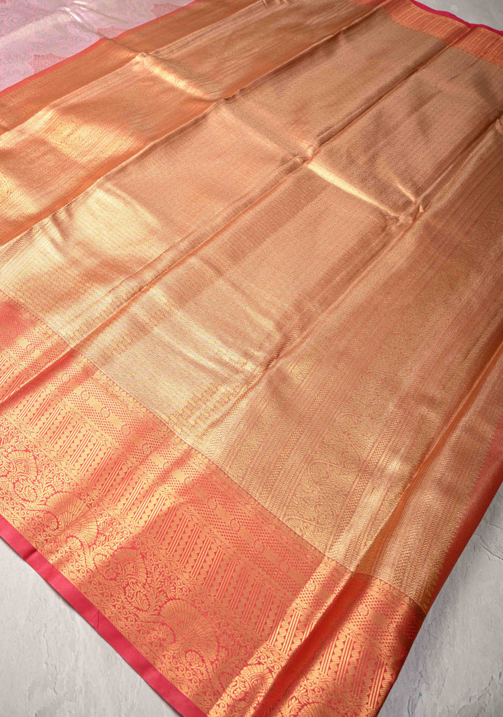 Dusty Pink Kanjivaram Tissue Semi Silk Saree with Brocade Jaal and Contrast Zari Border