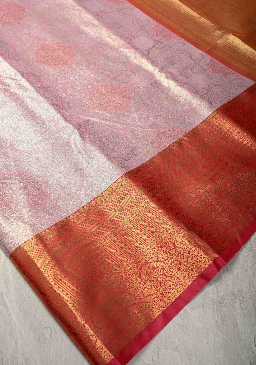 Dusty Pink Kanjivaram Tissue Semi Silk Saree with Brocade Jaal and Contrast Zari Border