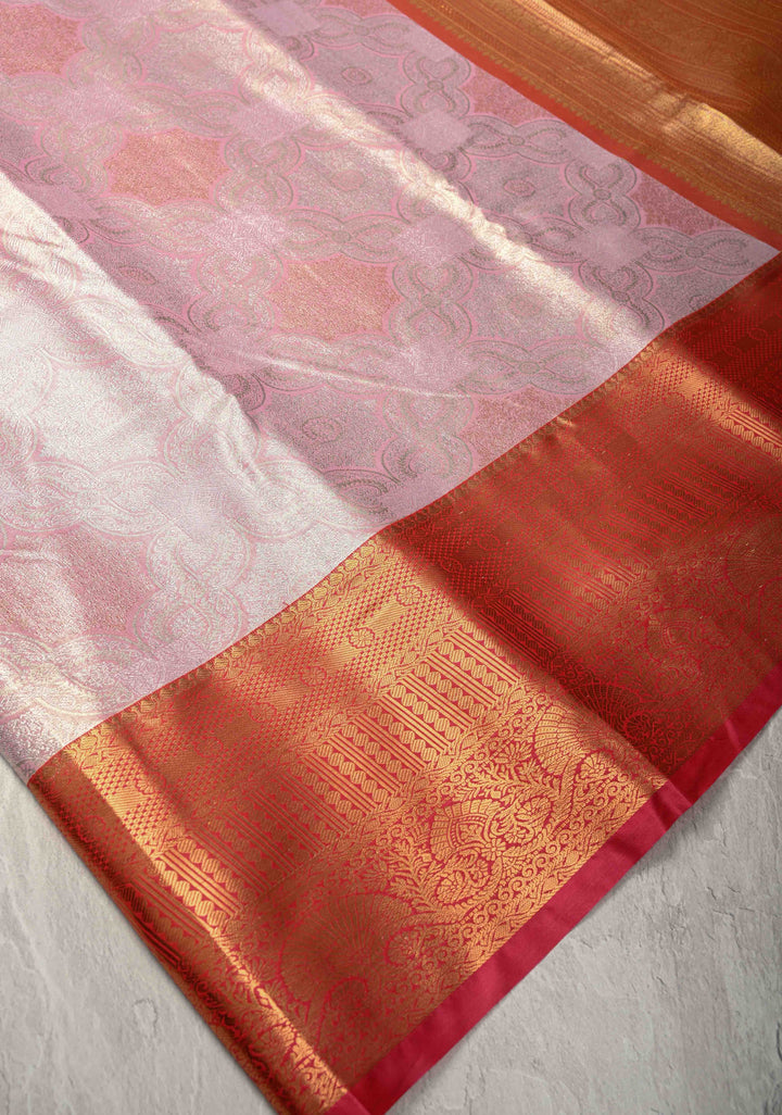 Dusty Pink Kanjivaram Tissue Semi Silk Saree with Brocade Jaal and Contrast Zari Border