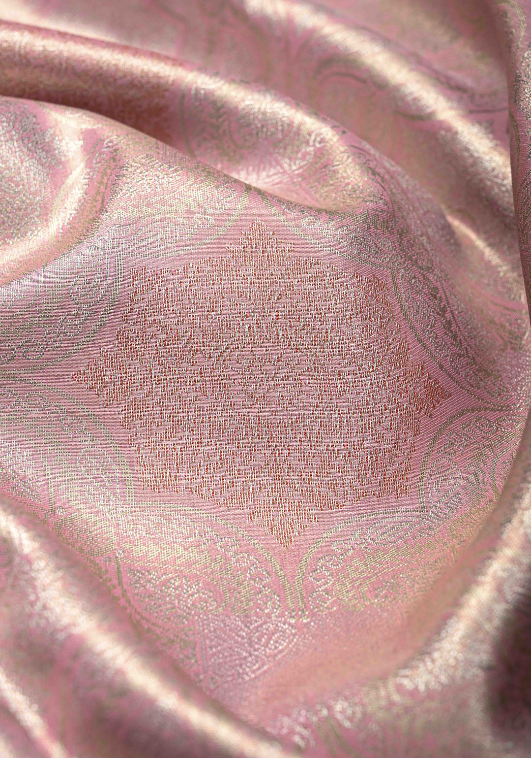 Dusty Pink Kanjivaram Tissue Semi Silk Saree with Brocade Jaal and Contrast Zari Border