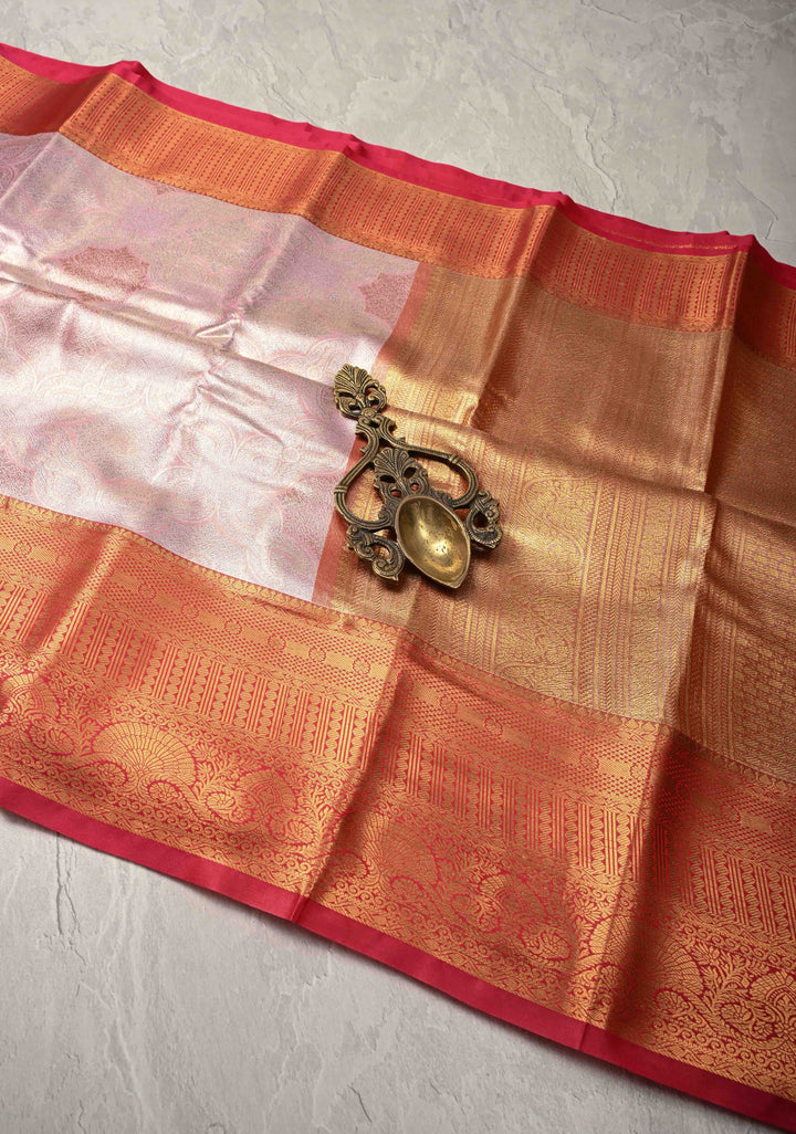 Dusty Pink Kanjivaram Tissue Semi Silk Saree with Brocade Jaal and Contrast Zari Border