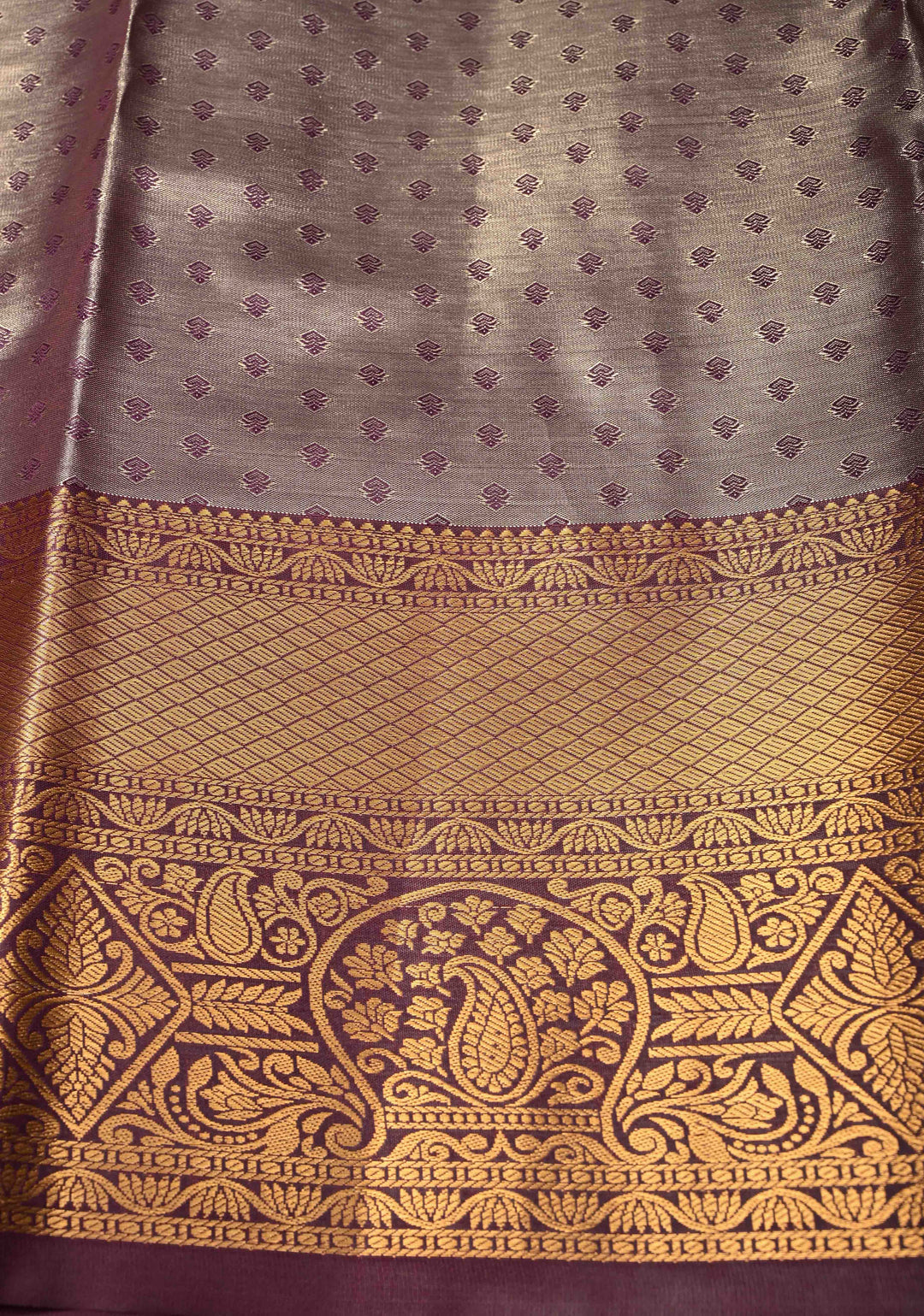 Dusty Amethyst Kanjivaram Tissue Semi Silk Saree with Brocade Jaal and Contrast Zari Border