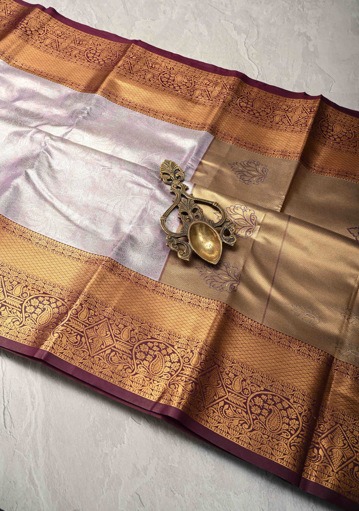 Dusty Amethyst Kanjivaram Tissue Semi Silk Saree with Brocade Jaal and Contrast Zari Border