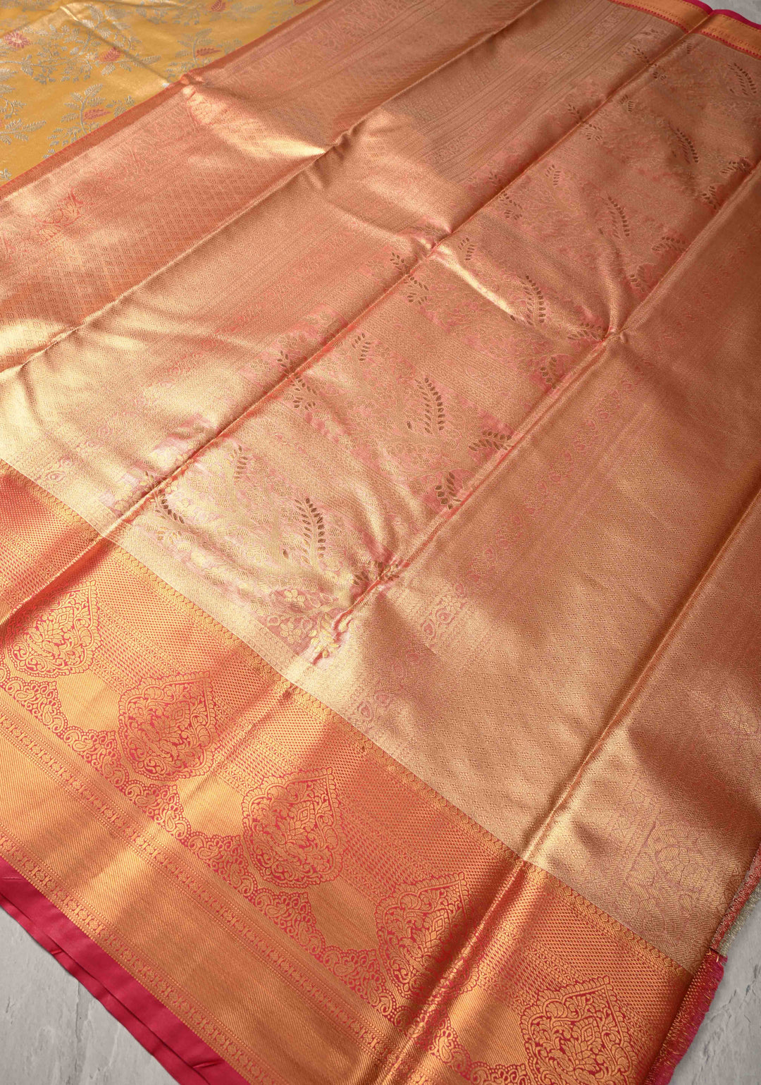 Daffodil Yellow Kanjivaram Tissue Semi Silk Saree with Meenakari Brocade and Contrast Zari Border
