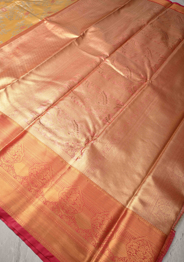 Daffodil Yellow Kanjivaram Tissue Semi Silk Saree with Meenakari Brocade and Contrast Zari Border