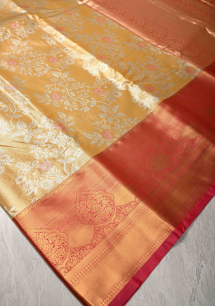 Daffodil Yellow Kanjivaram Tissue Semi Silk Saree with Meenakari Brocade and Contrast Zari Border