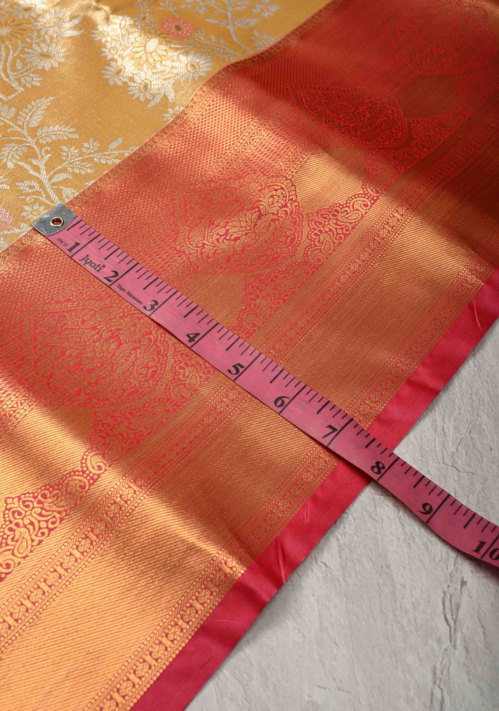Daffodil Yellow Kanjivaram Tissue Semi Silk Saree with Meenakari Brocade and Contrast Zari Border
