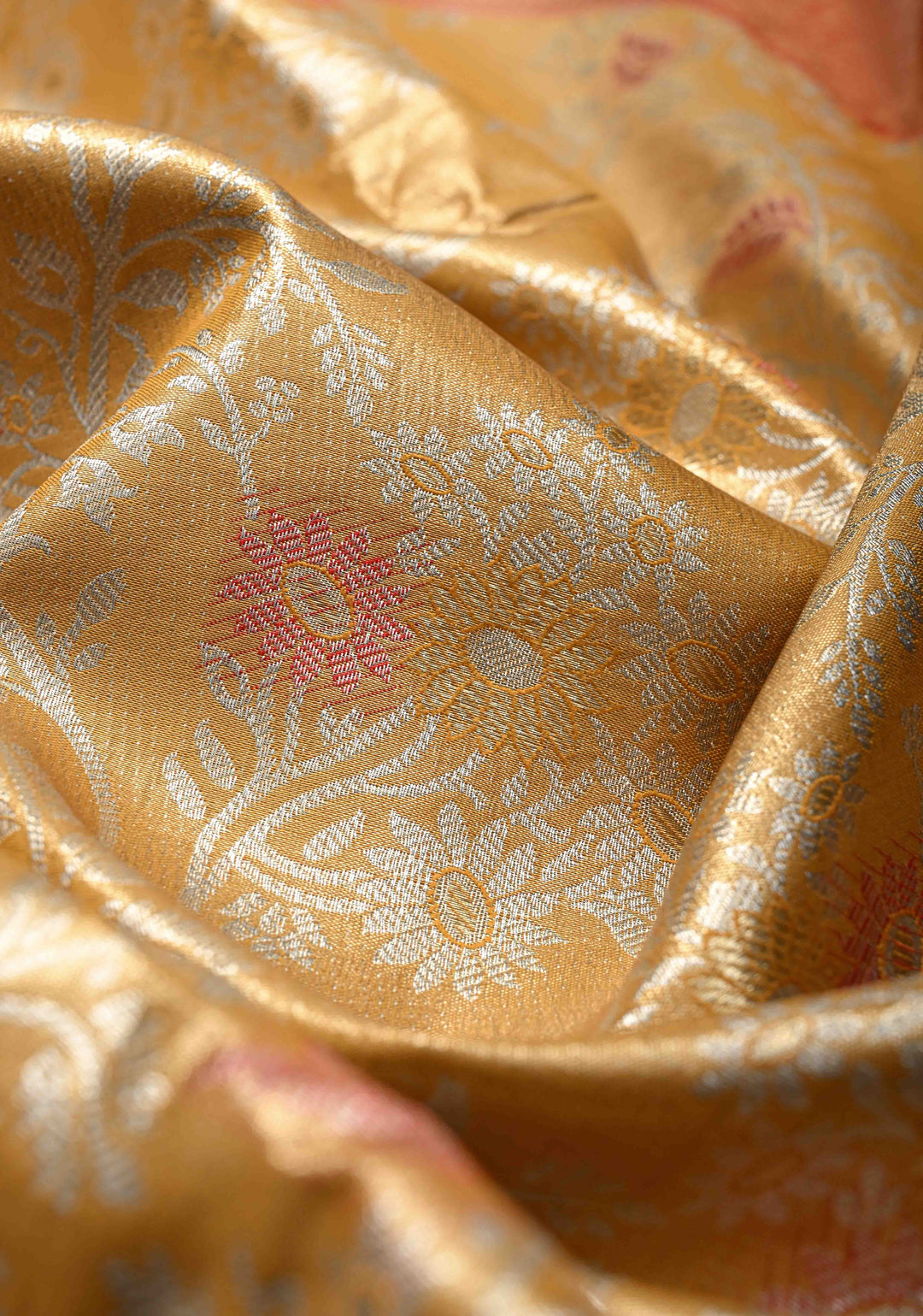 Daffodil Yellow Kanjivaram Tissue Semi Silk Saree with Meenakari Brocade and Contrast Zari Border