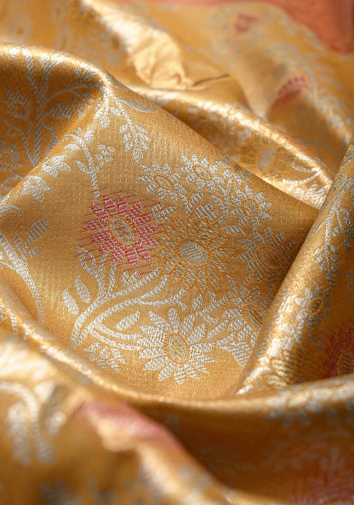 Daffodil Yellow Kanjivaram Tissue Semi Silk Saree with Meenakari Brocade and Contrast Zari Border
